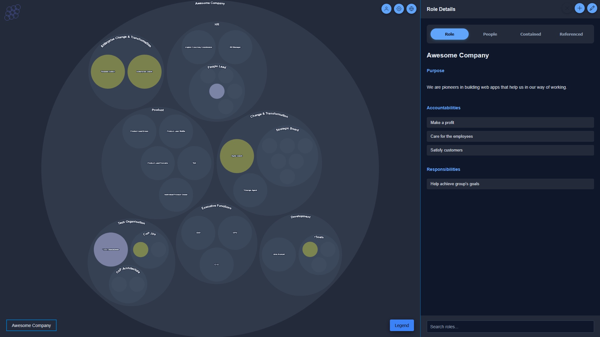 bobble.io app showing interactive packed circles chart of organizational roles